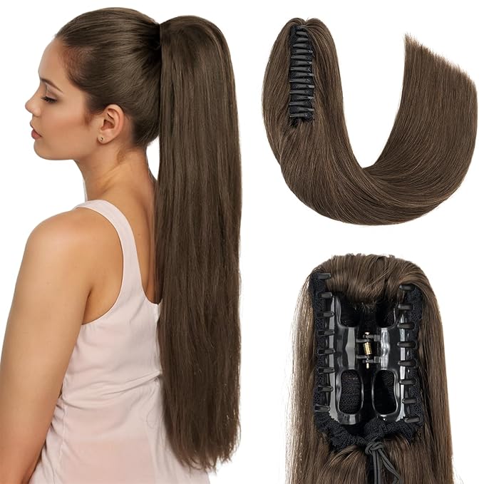 Hairro Claw Clip Ponytail Extension Human Hair Clip In Ponytail Jaw/Claw Jaw On Pony Tail Hairpieces For Women 18 Inch 115g #02 Dark Brown