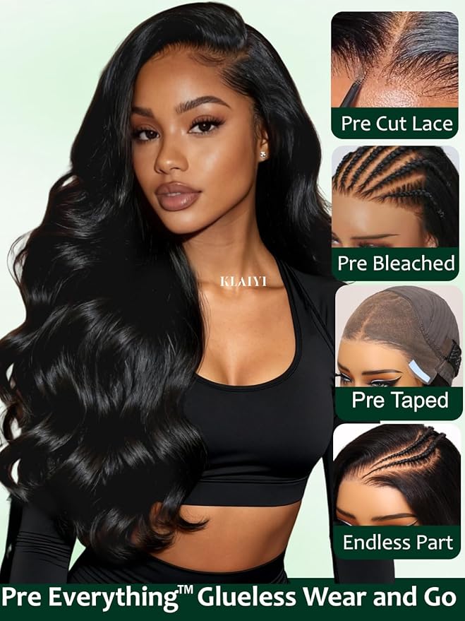 KLAIYI Loose Body Wave Pre Everything Glueless 13x4Lace Front Wig Human Hair Drawstring Precut Lace Pre Plucked Bleached Bye Bye Knots 3S Ready to Wear and Go Wig with Face Framing Curtain Bang 22Inch