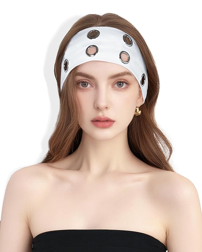 Grommet Headband for Women, White 23cm Hollow Out Elastic Hair Band, Eyelets Punk Grunge Stylish Hairband