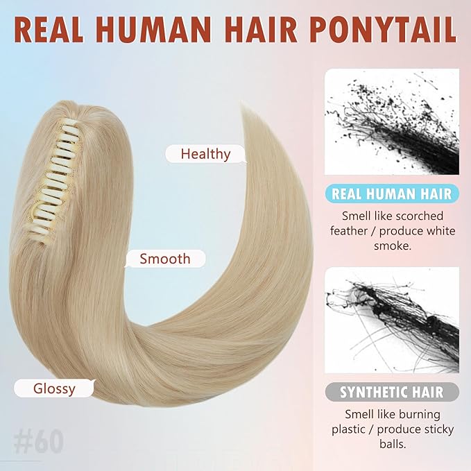 Hairro Claw Clip Ponytail Extension Human Hair Clip In Ponytail Jaw/Claw Jaw On Pony Tail Hairpieces For Women 20 Inch 120g #60 Platinum Blonde