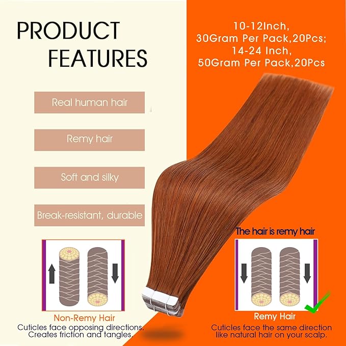 Full Shine Tape in Hair Extensions Human Hair Remy Tape ins Human Hair Extensions Color 550 Copper Invisible Skin Weft Long Silky Straight Extension 20Inch 50Gram 20Pcs Add Volume