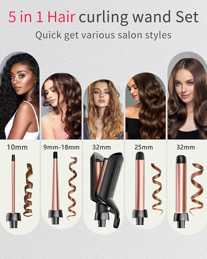 5 in 1 Curling Iron, Curling Wand Set Versatile Hair Crimper Waver 4 Interchangeable Ceramic Barrels(0.35"-1.25'') Fast Heating Dual Voltage Christmas Birthday Gifts for Women All Hair Types Travel