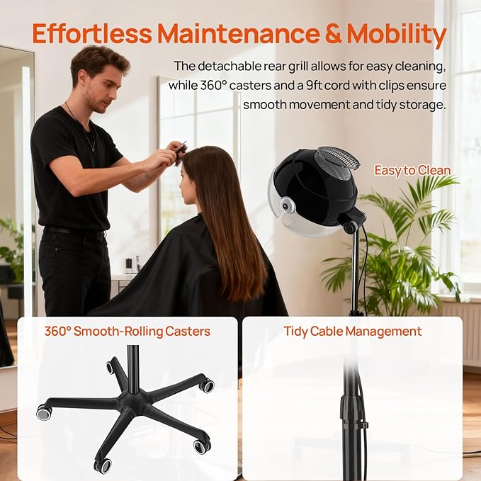 1875W Ionic Standing Hair Dryer, Professional Salon Bonnet Dryer on Wheels, Adjustable Hood & Height, 3 Heat Settings, Quick Shut-Off Rolling Hair Steamer Machine for Deep Conditioning & Styling, Gray