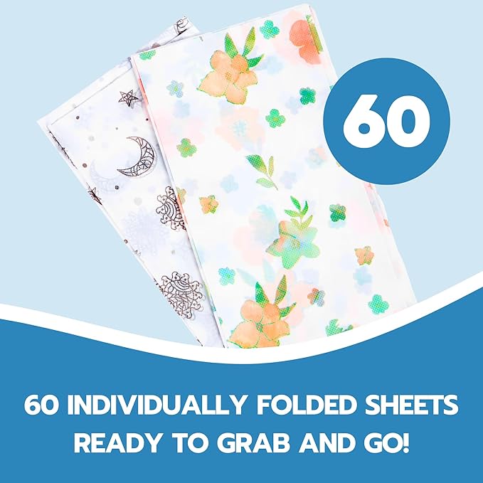 60 Pack Disposable Splat Mats by Eli with Love - Extra Large 49"x49" 100% Waterproof Baby Splat Mat for Under High Chair - Plastic Mat Liner for Floor - Protect from Spills (Moon & Stars, 60 Pack)