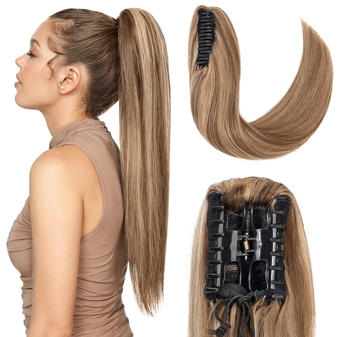 Hairro Claw Clip Ponytail Extension Human Hair Clip In Ponytail Jaw/Claw Jaw On Pony Tail Hairpieces For Women 22 Inch 120g #4P27 Medium Brown Mix Dark Blonde