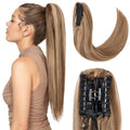 Hairro Claw Clip Ponytail Human Hair Extensions Jaw On Ponytails Remy Long Straight Jaw/Claw Clips Pony Tail Hairpieces For Women 14 Inch 105g #4P27 Medium Brown Mix Dark Blonde