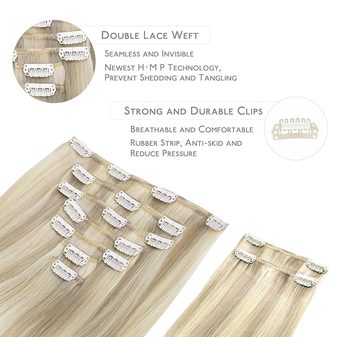 WENNALIFE Hair Extensions Clip In, 9pcs 24inch 150g Ash Blonde Highlighted Platinum Blonde Thicker Clip In Hair Extensions Real Human Hair Remy hair extension Double Weft Clip in Human Hair Extensions