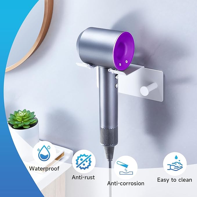 Hair Dryer Holder Wall Mounted, Blow Dryer Holder Adhesive, Metal Hairdryer Holder for Bathroom, Hair Tool Organizer with Plug&Cord for Cabinet Bathroom Bedroom Barber Shops