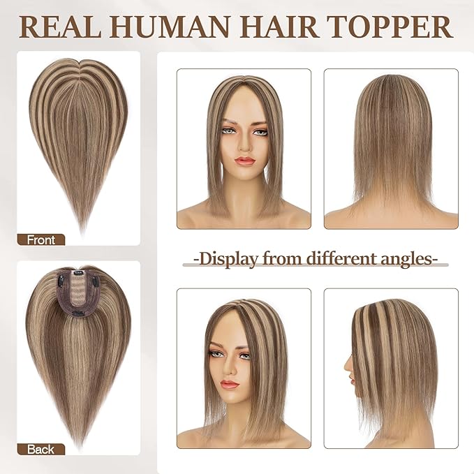 Rich Choices Hair Toppers for Women Real Human Hair 100% Human Remy Toppers NO Bangs with Thinning on Top Clip in Hairpiece 4"x4.7"Lace Base 12 Inch #4P27 Medium Brown Highlights Dark Blonde