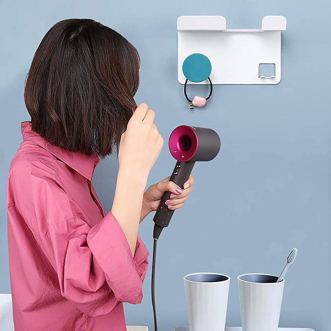 Hair Dryer Stand Holder Wall Mounted, New Upgrade Punching Or Nails-Free Glue Two Ways Blow Dryer Holder Rack Organizer for Dyson Supersonic Hair Dryer(White+Blue)