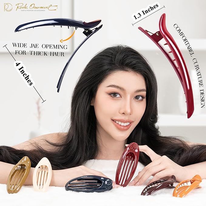 RC ROCHE ORNAMENT 6 Pcs Lay Flat Claw Hair Clips Women Curved Side Opening Slide Comb Strong Hold No Slip Grip Alligator Clamp French Barrette Thin Hair, Large Classic Multicolor