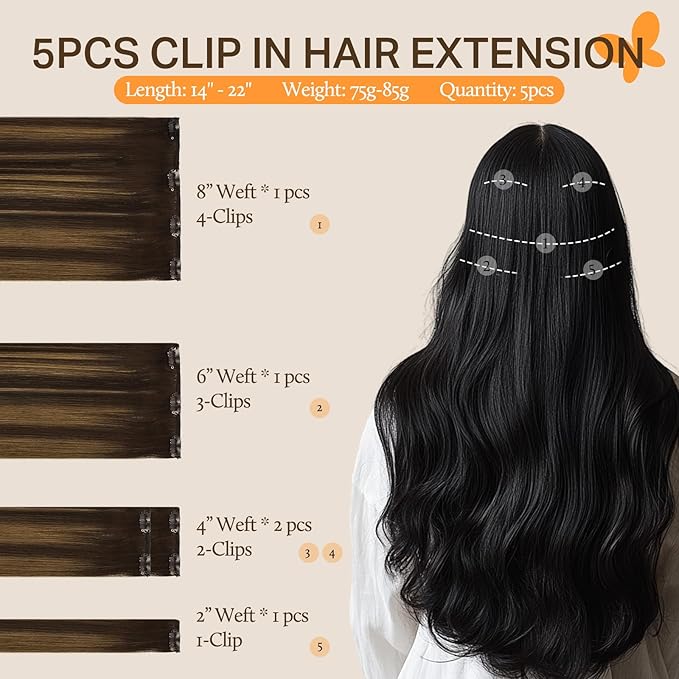 DOORES Clip in Hair Extensions, 75g 5pcs Balayage Dark Brown to Chestnut Brown 16 Inch Real Human Hair Extensions Clip in Natural Straight Hair Extensions