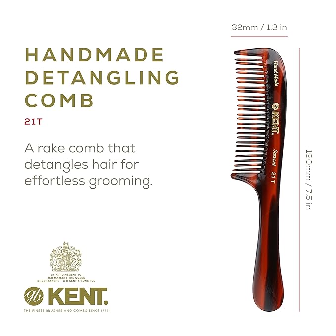 Kent 21T 8 Inch Large Detangling Comb, Wide Teeth for Thick Curly Wavy Hair. Long Hair Detangler Comb For Wet and Dry. Handmade of Quality Cellulose, Saw-Cut Hand Polished, Made in England