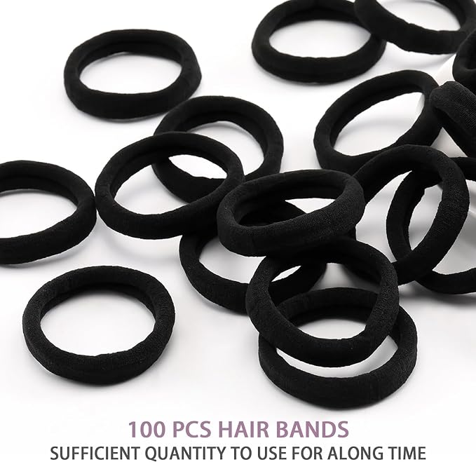 100PCS Black Hair Ties for Women, Seamless Cotton Hair Bands, No Crease No Damage Hair Tie for Thick Thin Hair, Soft Ponytail Holders Hair Accessories for Girls, Chirstmas Gifts