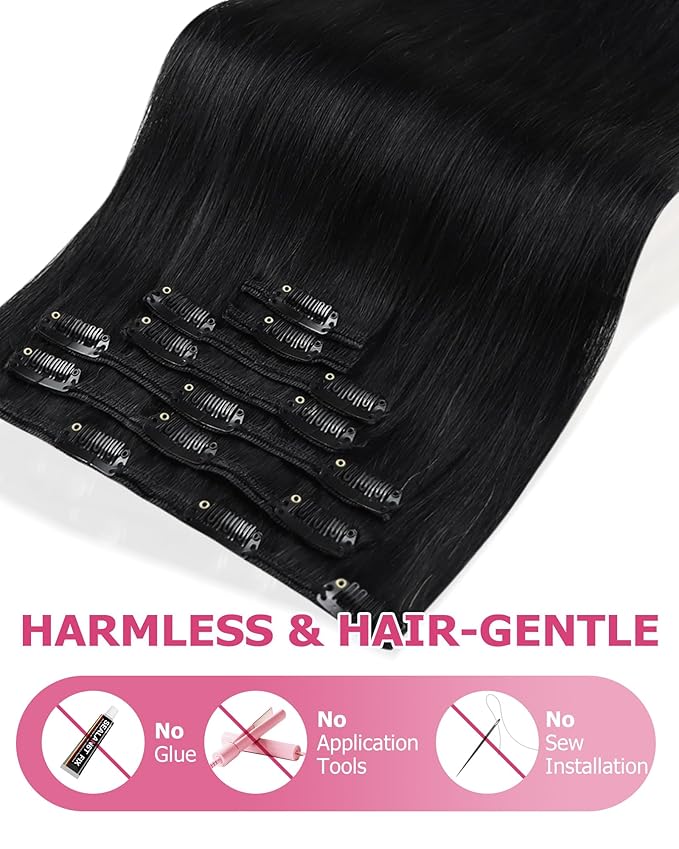 YoungSee 150G Clip in Hair Extensions Long Straight Hair Extensions Clip ins Black Clip in Black Hair Extension Human Hair Long Clip on Hair Extension Real Human Hair Add Length 7Pcs 24Inch