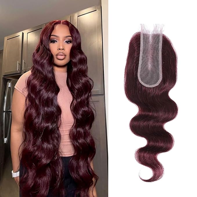 2x6 HD Lace Closure Human Hair Body Wave 99J Burgundy Dark Red Wine Color Transparent Lace Closure 2x6 Long Deep Middle Part 100% Raw Virgin Human Hair 12 Inch 150% Density