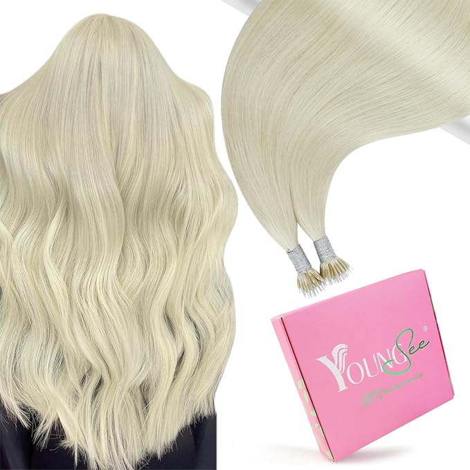 YoungSee 28Inch Nano Ring Hair Extensions Human Hair Platinum Blonde Nano Bead Hair Extensions Human Hair Blonde Nano-Ring Hair Extension Blond Nano-Link Extension Real Hair for Long 50s 50g