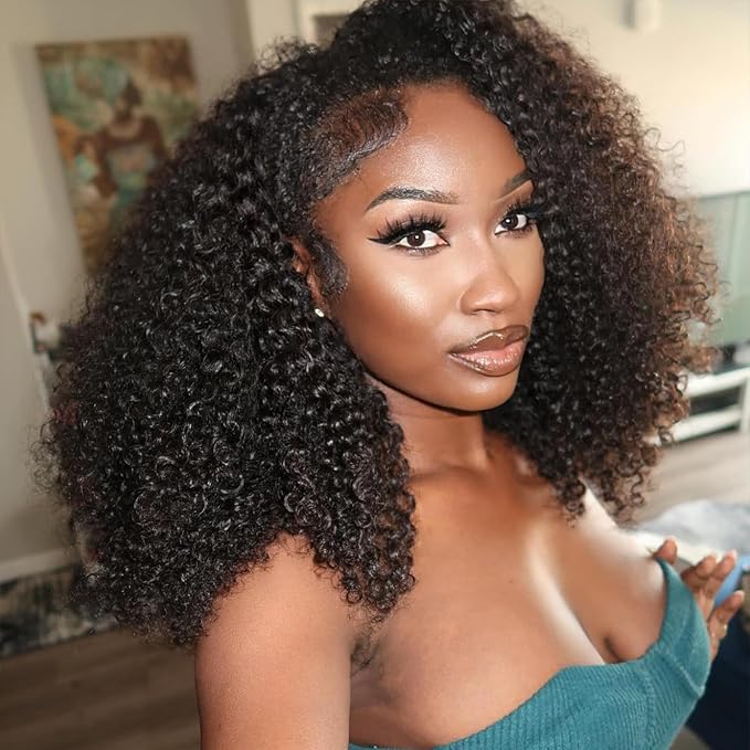 WOWANGEL Kinky Curly Half Wig Human Hair 180% Density Flexi-Fit Invisi 3 in 1 Wigs Flip Drawstring Wig Glueless Wear and Go Headband Wig 100% Human Hair for Women, Natural Black, 16 Inch