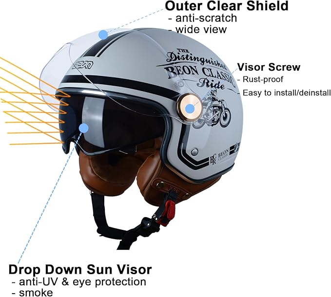 Open Face Motorcycle Helmet for Adults, DOT Approved,3/4 Retro Vespa Helmet, Dual Visors Men's and Women's Motorbike Casco for Moped Cruiser Bobber and Chopper