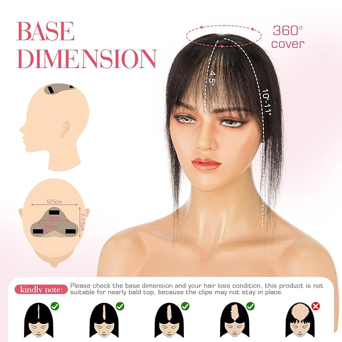 Hairro Clip In Bangs Wispy Hair Toppers For Women Remy Human Hair Short Thin Topper Hairpieces 3D Cover Clip On Fake Air Bang 11 Inches 14.5g #1B Natural Black