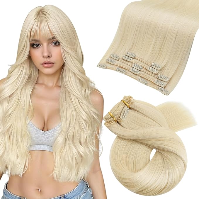 Moresoo Blonde Clip in Hair Extensions Platinum Blond Human Hair Clip in Extensions Golden Blonde Long And Straight 80g/5pcs 20 inch