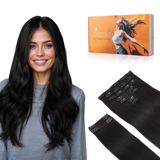 DOORES Hair Extensions Clip in Human Hair, Natural Black 150g 9pcs 16 Inch, Thick Clip in Extensions Remy Straight Natural Thick Weft for Women