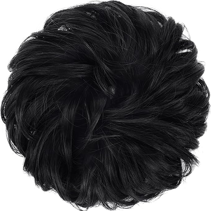 FESHFEN Large Jet Black Synthetic Fiber Messy Bun Hair Piece, 1.94 oz