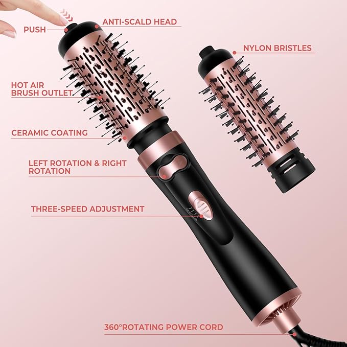Hair Dryer Brush, 3-in-1 Rotating Round Hot Air Spin Brush Set with 2 Brushes (2" & 1.5"), Negative Ionic Blow Volumizer, 2 Detachable Auto-Rotating Curling Brush 100-120V