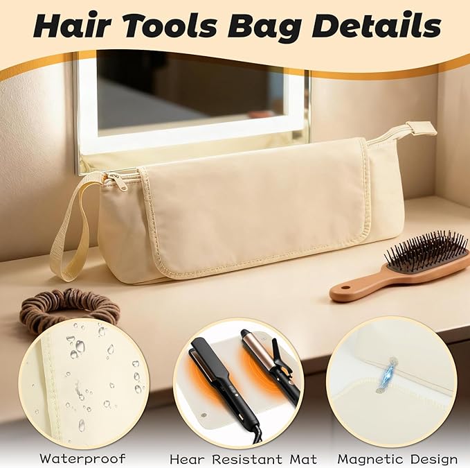 Hot Hair Tools Travel Bag with Removable Heat Resistant Mat 2 in 1 Portable Hair Tool Organizer Bags for Hair Straighteners Curling Irons Hot Air Brushes Hair Dryer Women Travel Essentials (Ivory)