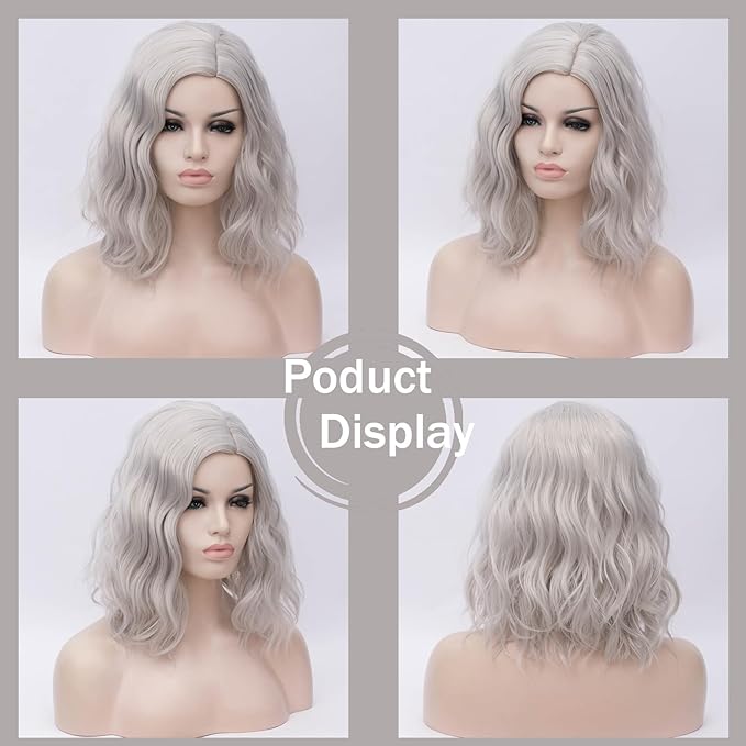 BUFASHION 14" Women Short Silver Kinky Straight Cosplay Synthetic Wigs With Air Bangs 46 Colors Available (Silver)
