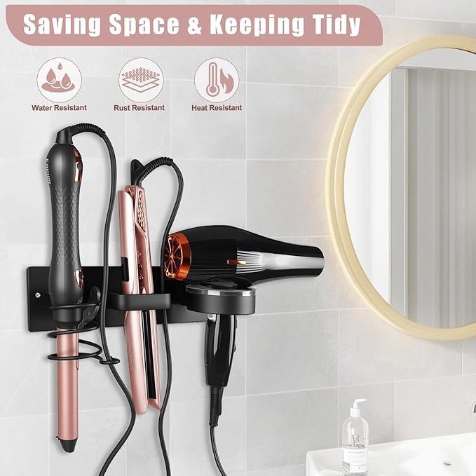 Hair Dryer Holder Wall Mounted 3in1 Hair Tool Organizer Blow Dryer Holder Bathroom Care Styling For Flat Iron,Curling Iron Matte Black