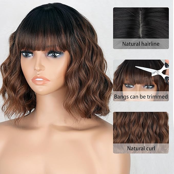 MISSQUEEN Short Brown Wig with Bangs for Women Shoulder Length Bob Curly Women's Charming Synthetic Black to Brown Wigs Natural Wavy Heat Resistant Hair for Daily Party Use