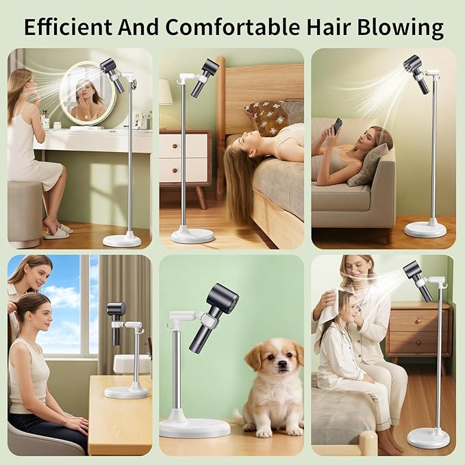 Hands Free Adjustable Hair Dryer Stand, 17-51in Height & 360° Swivel, for Countertop and Floor Use, Heavy-Duty Blow Dryer Holder with Hook, Fits Most Hair Dryers for Home, Vanity, Bathroom