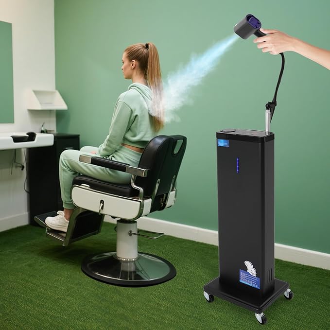 Standing Nano Mist Hair Steamer 1300W, Multifunctional Micro Mist Salon Hair Processor w/ 360°Swivel Wheels, 27oz 9-Gear Adjustable Salon Nanoscale Sprayer for Hair Deep Care(1300W Black)