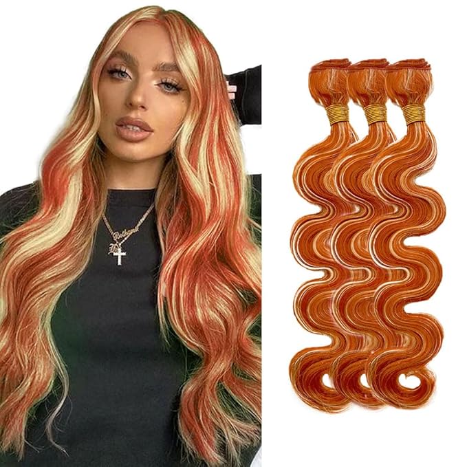 28 30 32 Inch Color 350 Bundles Human Hair Highlight Ginger Orange Bundles Brazilian Virgin Remy Hair Extensions Double Weft 2 Tone Orange and Blonde Bundle Hair Weave