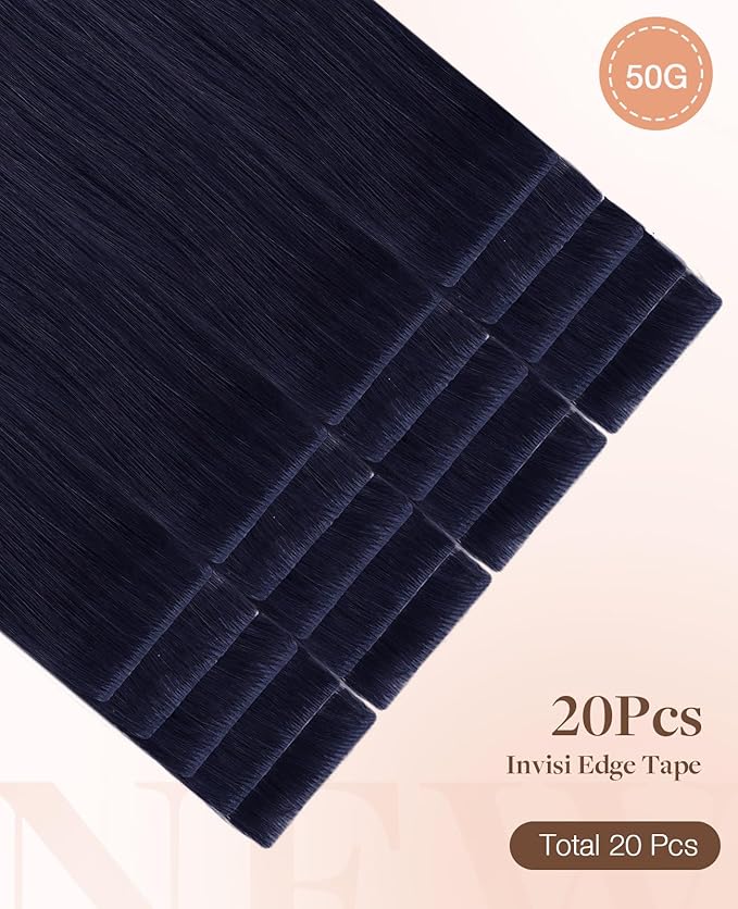 GOO GOO Invisi Edge Tape in Hair Extensions Human Hair, 1G Midnight Black, 20pcs 16inch 50g, Virgin Remy Hair, Seamless Injected Tape, Natural Look