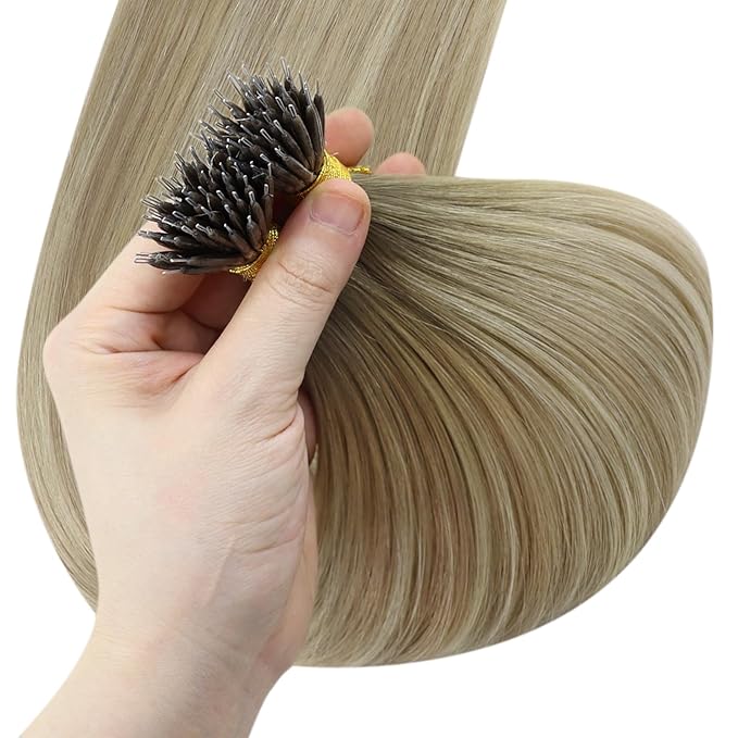 YoungSee Nano Extensions Human Hair Ombre Blonde Nano Tip Extensions Balayage Ash Blonde Ombre Platinum Blond Nano-bead Extension Human Hair Balayage Nanoring Hair Extension 18Inch 50G 50S for Daily