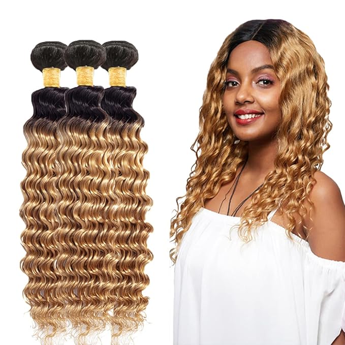 Honey Blonde Bundles Human Hair Ombre Deep Wave Bundle 18 20 22 Inch Peruvian Virgin Remy Hair Extensions Double Weft 2 Tone Black and Blonde Deep Wave Bundle Hair Weave 150g
