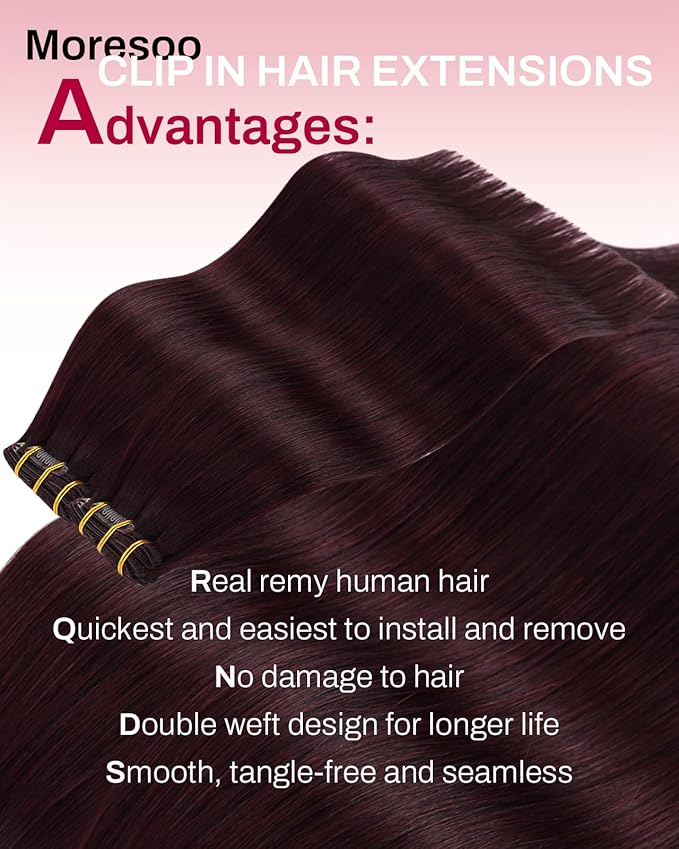 Moresoo Dark Red Clip in Hair Extensions Remy Human Hair 22 inch Red Hair Extensions Clip ins Burgundy Long And Straight 150g/7pcs 22in