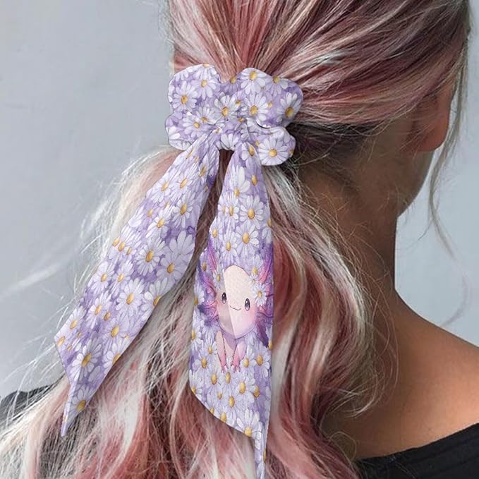 Starry Sky Axolotl Ribbon Bow Elastic Hair Ties for Women Daisy Ribbon Scrunchies Fashion Purple Knotted Bow with Long Tails Pack Of 2