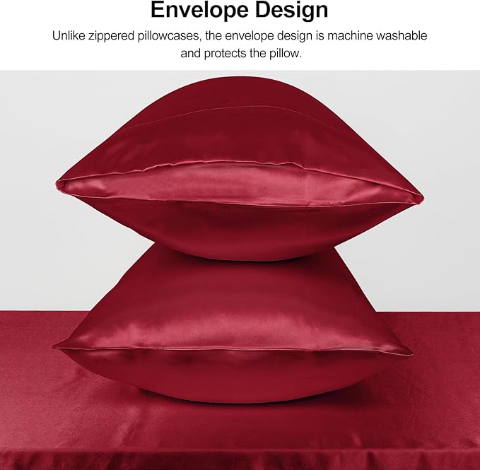 Lirex Satin Pillowcase for Hair and Skin, Super Soft and Cooling Similar to Silk, 2 Pack King Size 20"X 40" Pillow Cases with Envelope Closure, Gifts for Women Men, Wine Red
