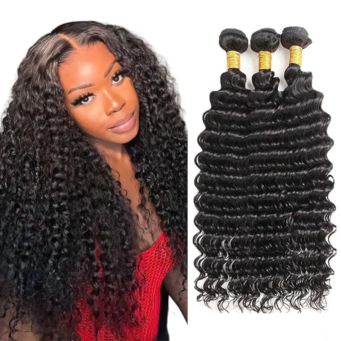 Natural Black Deep Wave Bundles Human Hair Color 1B Bundles 24 26 28 Inch Niegmeag Brazilian Virgin Soft and Silky Remy Hair Extensions Natural Black Color