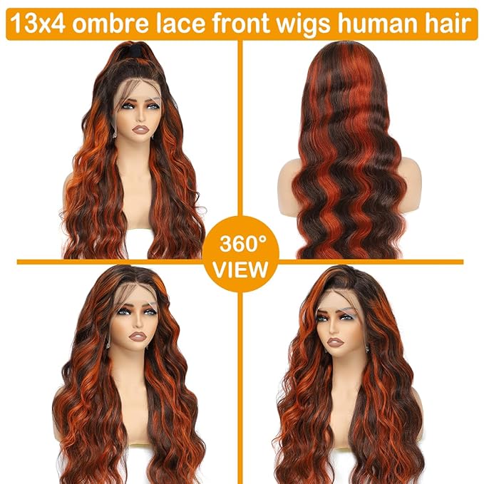 P4/350 Body Wave Lace Front Wigs Human Hair Brown Ginger Colored Wigs 13x4 HD Lace Frontal Highlight Ombre Wig Human Hair 180% Density P4/350 Colored Wigs Human Hair for Black Women 22Inch
