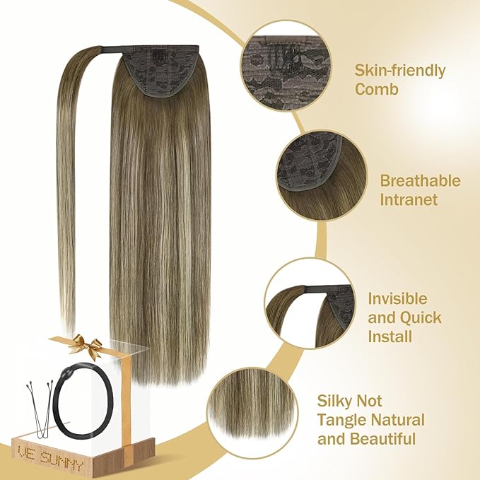 Ve Sunny Hair Extensions Ponytail Real Human Hair Wrap Around Clip in Ponytail Hair Extensions Straight Extensions Human Hair for Women Walnut Brown Ombre Light Brown Balayage Blonde 20inch 80G