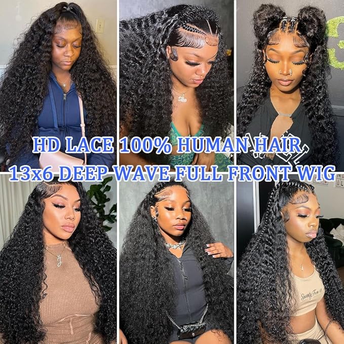 34 Inch Deep Wave Human Hair Lace Front Wig - 13x6 HD Lace Frontal, 200 Density, Pre-Plucked With Baby Hair