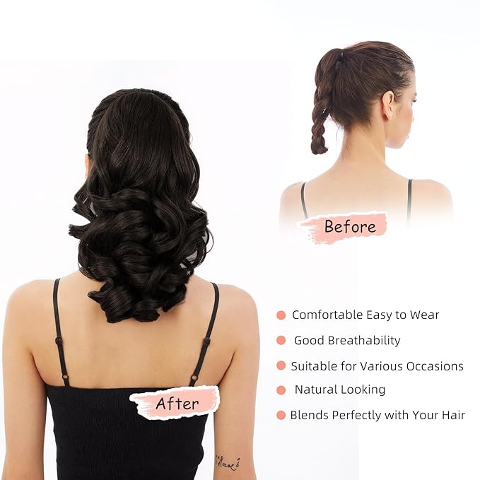 Ponytail Extension, Clip on Ponytails for Women, 12" Claw Clip in Short Curly Wavy Pony Hair Extension for Women - Darkest Brown