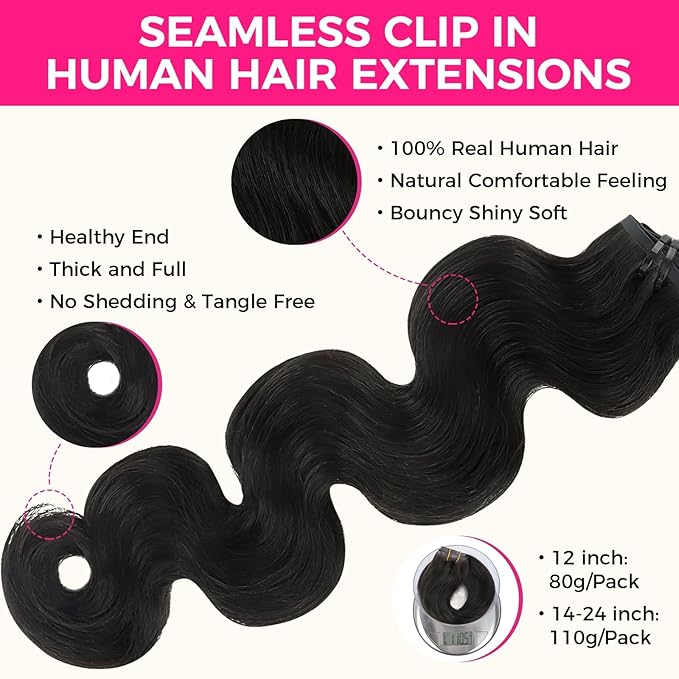 Lashey Seamless Clip in Hair Extensions Human Hair, 7pcs 110g Body Wave 24 Inch #1B Natural Black Remy Human Hair Extensions with Soft Invisi Edge
