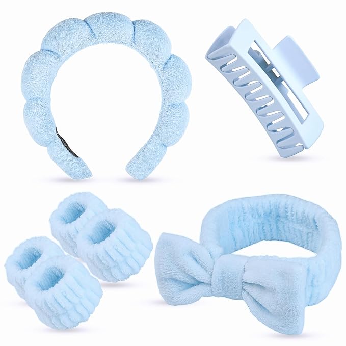 7 Pcs Spa Set, Facial Headband and Wristband Set, Skincare Accessories, College Style Girl Idea Gifts, Hair Accessories for Women and Girls (Blue)
