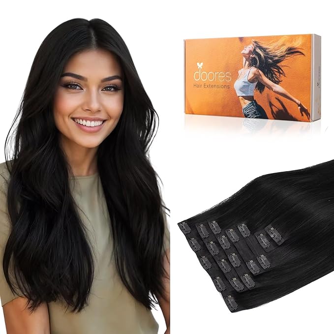 DOORES Real Human Hair Extensions, Jet Black 160g 7pcs 24 Inch, Clip in Straight Remy Natural Hair Invisi Edge Weft for Women