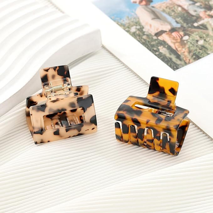 2Pcs Small Medium Hair Claw Clips for Women Tortoise Shell Rectangle Claw Hair Clips for Thin Fine Medium Thick Hair Non Slip